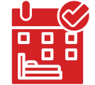 Red calendar icon with bed and checkmark.