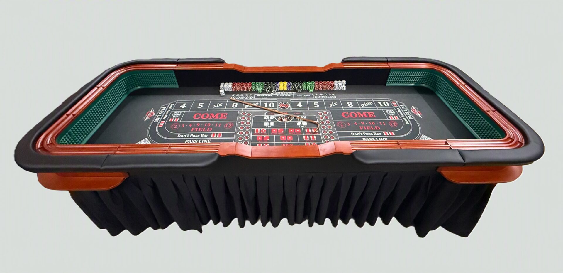 Green and red craps table setup