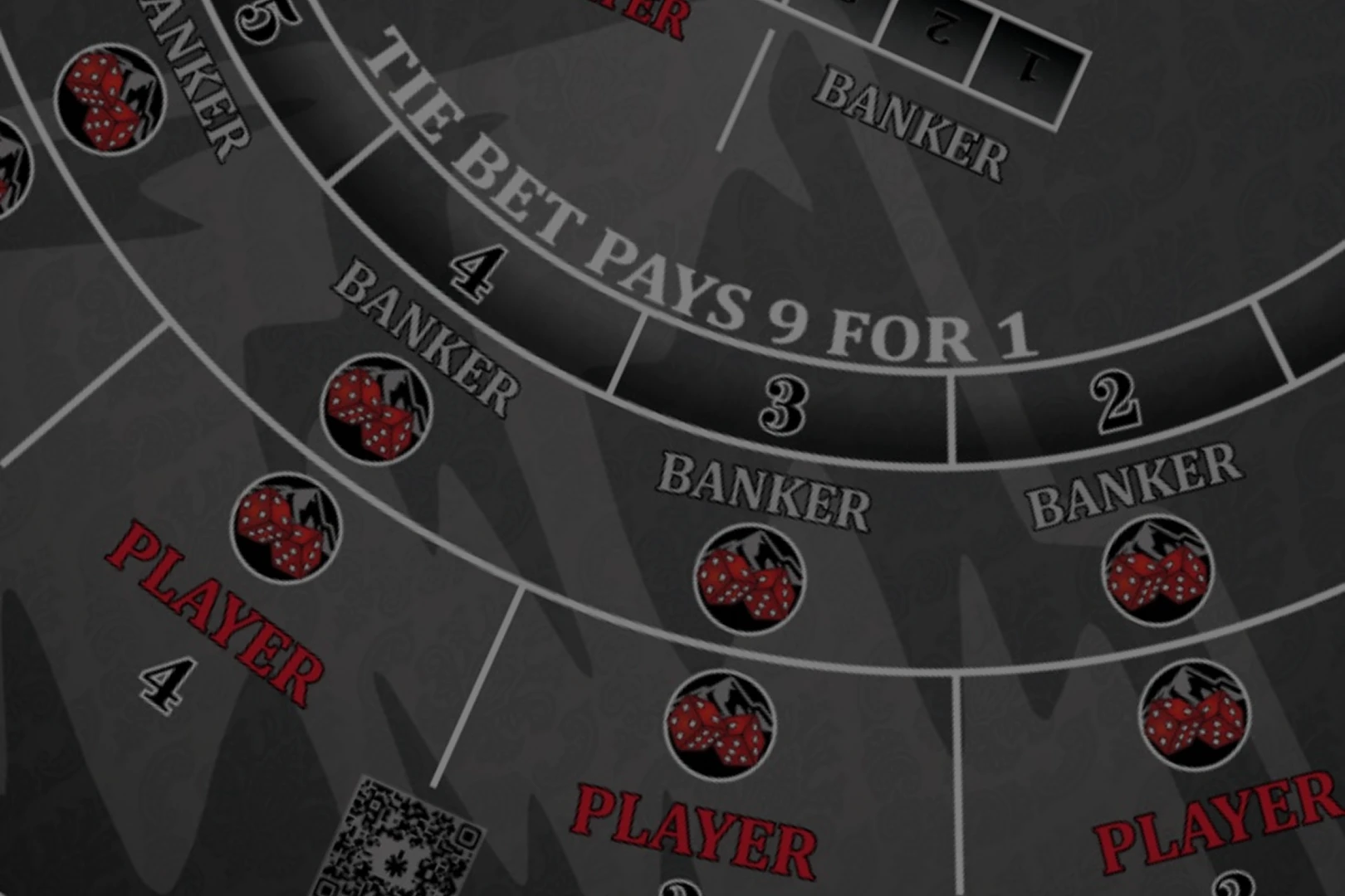 Casino table layout with banker and player areas.