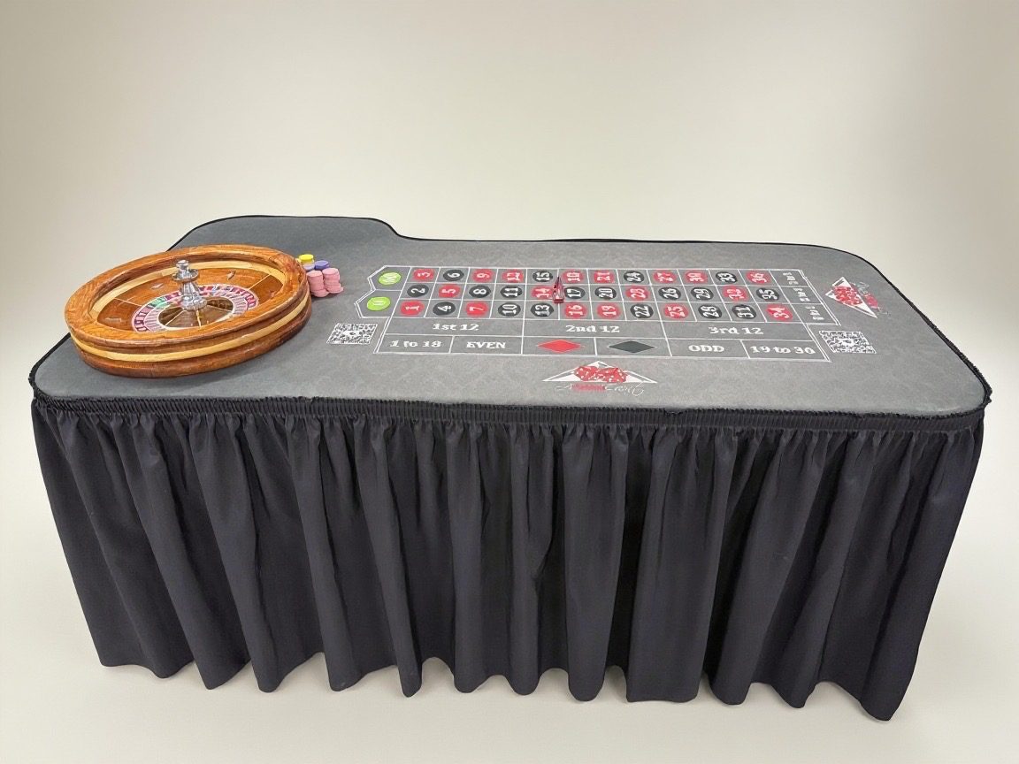 Casino game setup with roulette wheel